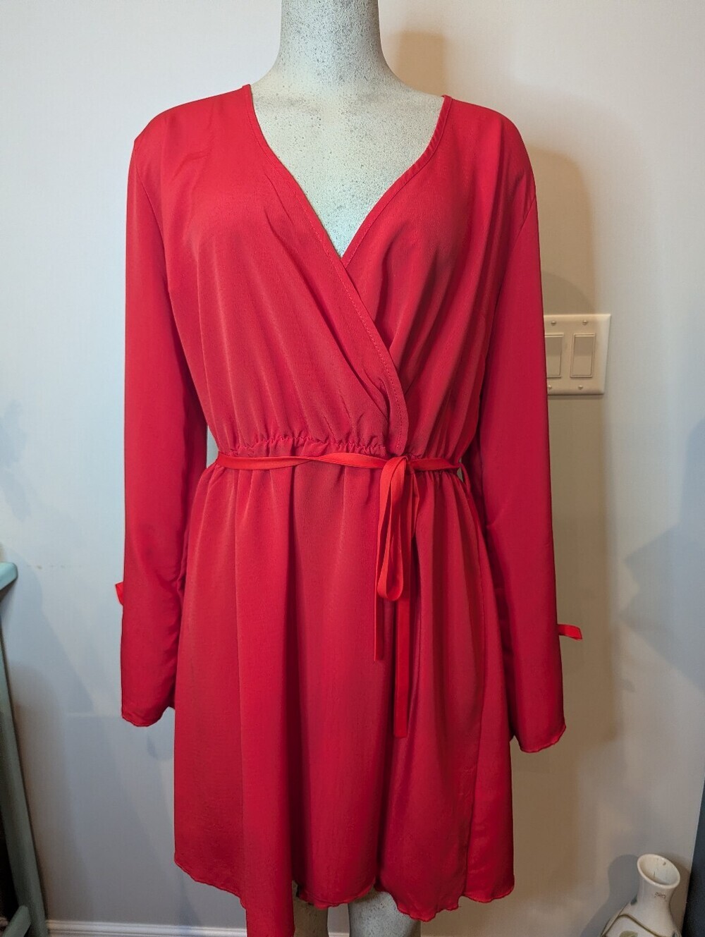 Y2K Vintage Boohoo Skater Dress Long Sleeved Wrap Dress Coral Red New Size 18